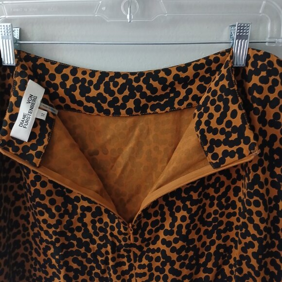 Diane Von Furstenberg Size 12 Cheetah Print Satin Midi Skirt Polka Dot Zipper - Picture 6 of 12
